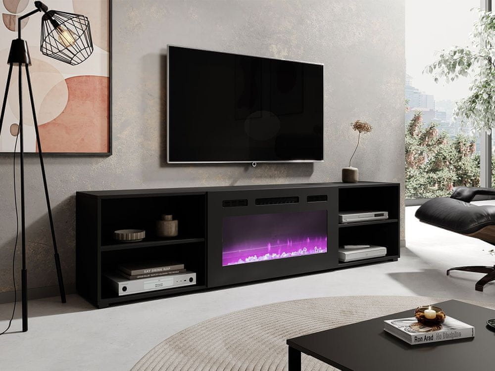 Veneti TV stolík s elektrickým krbom MALEN 2 - čierny / lesklý čierny
